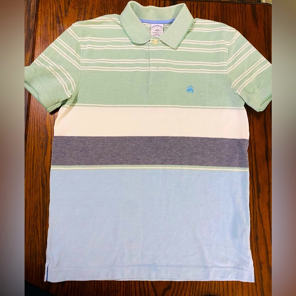 Brooks Brothers Green and White Polo Shirt Striped Knit